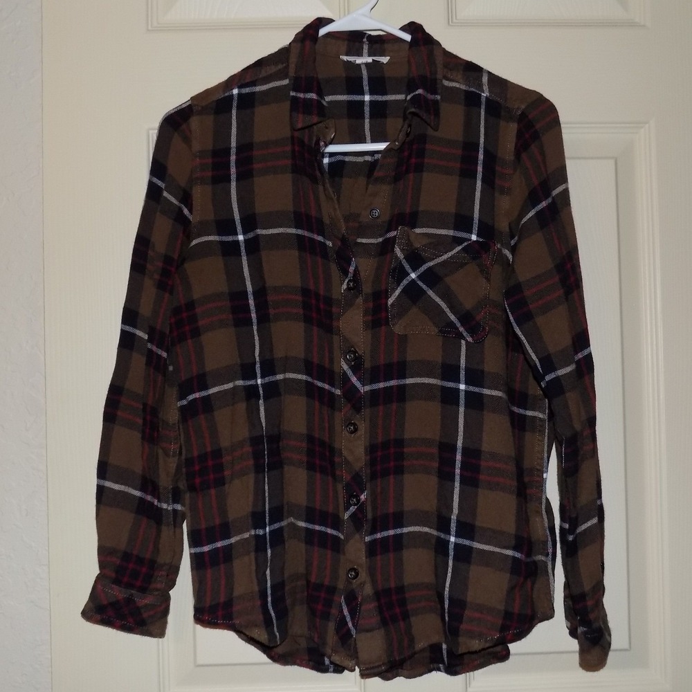 Beachlunchlounge Plaid Flannel Shirt Womens Small Brown Good Button Down Top